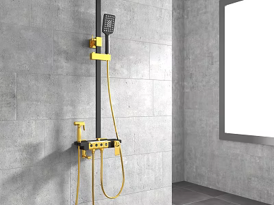 Yellow Shower System With Fixed Overhead And Handheld Spray On Gray Tile Wall Near Window 3d model