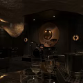 Dark Elegant Bar Interior With Chandelier Illuminated Wine Shelves Glassware And Marble Decor Accents
