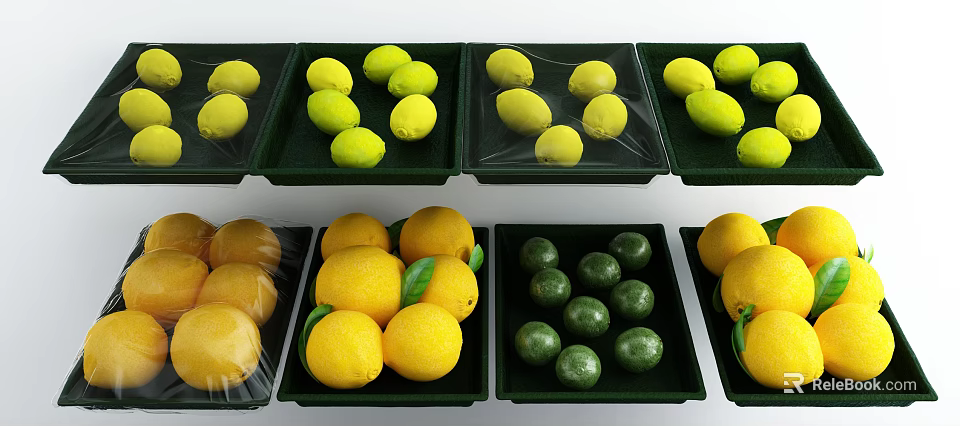 Fresh Lemons and Limes in Green Trays with Leaves and Plastic Wrap 3d model 