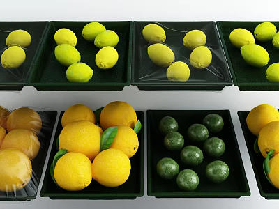 Fresh Lemons and Limes in Green Trays with Leaves and Plastic Wrap 3d model