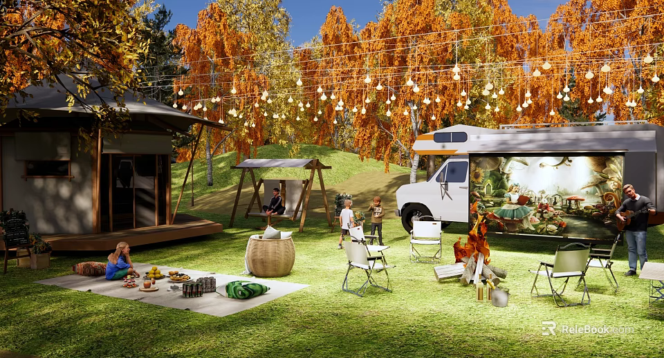 Scenic Camping Site With Autumn Trees String Lights RV Picnic Area Campfire And Swing 3d model 