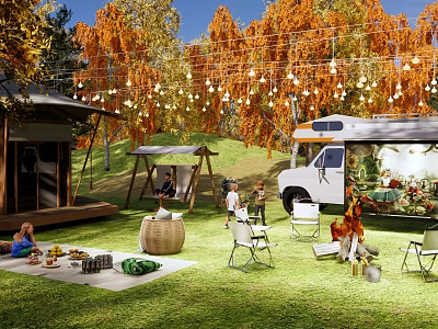 Scenic Camping Site With Autumn Trees String Lights RV Picnic Area Campfire And Swing 3d model
