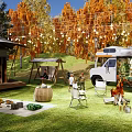 Scenic Camping Site With Autumn Trees String Lights RV Picnic Area Campfire And Swing