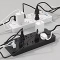 White And Black Power Strips With Multiple Plugs And Connected Wires 3d model