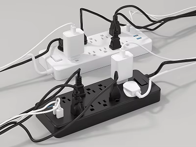White And Black Power Strips With Multiple Plugs And Connected Wires 3d model