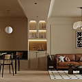 Modern Living Dining Room Interior With Round Pendant Lights Dining Table And TV Unit