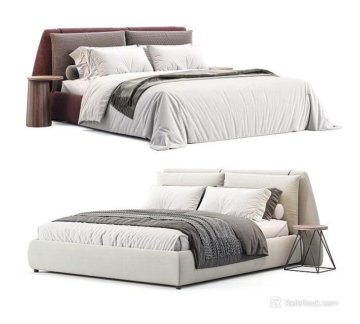 Modern Upholstered Double Bed With Soft Bedding Pillows And Side Nightstand Design 3d model