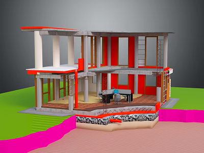 Cartoon Scene 3D Building Cross Section With Interior Furniture Stairs Green Lawn And Foundation 3d model
