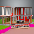 Cartoon Scene 3D Building Cross Section With Interior Furniture Stairs Green Lawn And Foundation