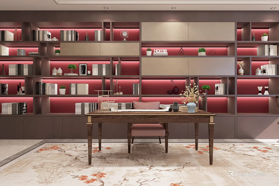 Modern Elegant Desk Interior Setup With Bookshelves Red Background Books Decorative Items And Carpet 3d model 