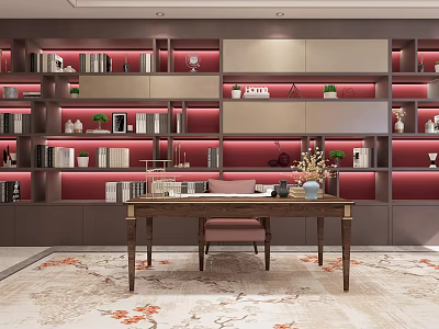 Modern Elegant Desk Interior Setup With Bookshelves Red Background Books Decorative Items And Carpet 3d model