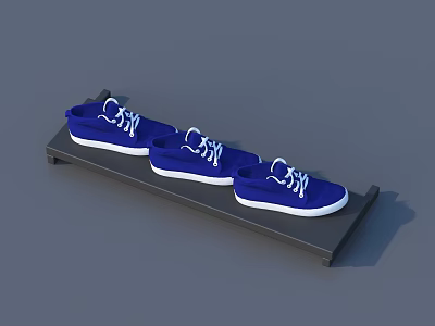 Three Pairs of Blue Canvas Shoes Displayed on a Black Shelf 3d model