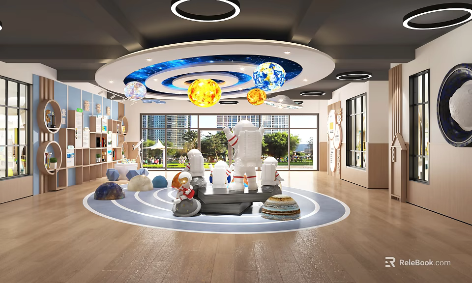 Kindergarten Indoor Activity Area With Starry Sky Ceiling Planet Models Play Equipment And Bookshelves 3d model 