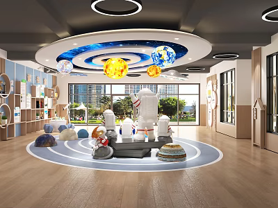 Kindergarten Indoor Activity Area With Starry Sky Ceiling Planet Models Play Equipment And Bookshelves 3d model