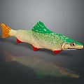 Colorful Aquatic Fish with Green Yellow Body Red Fins and White Spots on Gray Surface