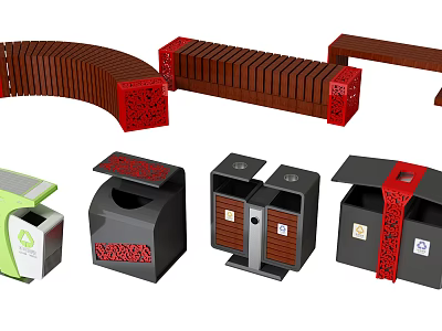 Modern Public Facilities With Wooden Benches And Red Accent Waste Bins 3d model