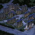 Aerial Planning of Modern Residential Complex with High Rise Buildings Night Lighting Roads and Greenery