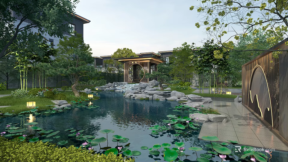Tranquil Garden Landscape With Pond Lotus Leaves Stones Wooden Pavilion And Green Trees 3d model 