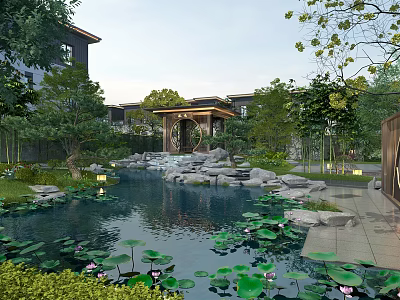 Tranquil Garden Landscape With Pond Lotus Leaves Stones Wooden Pavilion And Green Trees 3d model