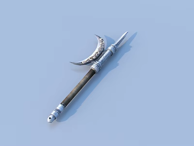 Ancient Ornate Polearm With Crescent Blade Spearhead And Wooden Handle 3d model
