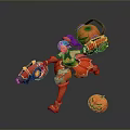 Halloween Themed 3D Game Character In Red Outfit With Purple Hair Pumpkin Weapons And Lanterns
