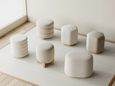 Modern Light Colored Upholstered Stools With Wooden Legs On Mat In Bright Room 3d model