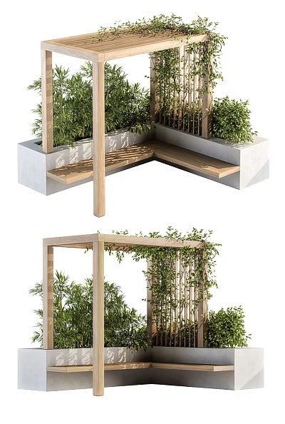 Outdoor Landscape Seat With Wooden Lattice Concrete Base And Green Climbing Vines 3d model
