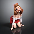 Cartoon Style Woman With Red Bow Curly Hair White Top And Red Skirt Kneeling Pose