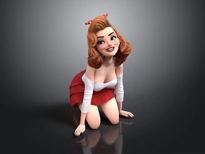 Cartoon Style Woman With Red Bow Curly Hair White Top And Red Skirt Kneeling Pose 3d model