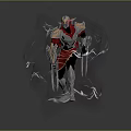 Sci Fi Fantasy Warrior With Red Gray Armor And Dual Spears Surrounded By Smoke Effects