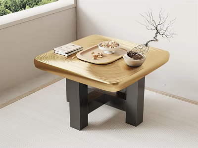 Golden Textured Coffee Table With Black Legs Books Tray And Decorative Branch In Bright Room 3d model