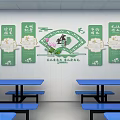 Cafeteria Interior With Blue Long Tables Benches Wall Banners And Ceiling Lights 3d model