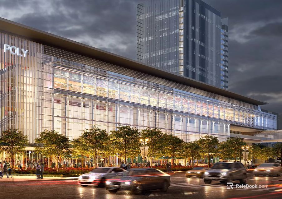 Modern Commercial Complex with Glass Facade Evening Lighting Green Trees and Street Cars 3d model 