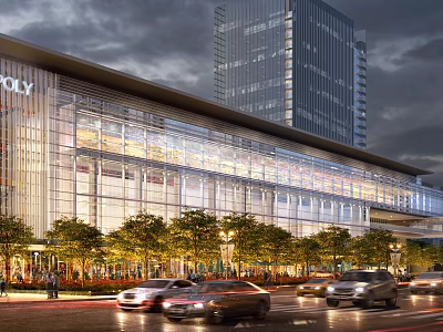 Modern Commercial Complex with Glass Facade Evening Lighting Green Trees and Street Cars 3d model