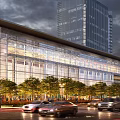 Modern Commercial Complex with Glass Facade Evening Lighting Green Trees and Street Cars