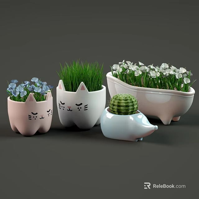 Cute Shaped Potted Plants With Grass Small Flowers And Cactus Decorative Planters 3d model 