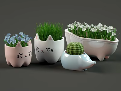 Cute Shaped Potted Plants With Grass Small Flowers And Cactus Decorative Planters 3d model