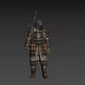 Game Movie Character In Spiked Metal Armor With Brown Waist Pouches Holding Weapon 3d model