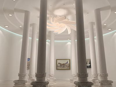 Elegant Hotel Lobby Interior With White Columns Chandelier And Art Paintings 3d model