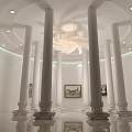 Elegant Hotel Lobby Interior With White Columns Chandelier And Art Paintings