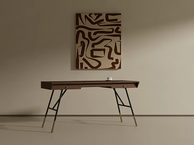 Modern Wooden Desk With Black Gold Metal Legs And Abstract Wall Art Above 3d model