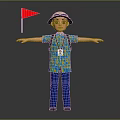 Adventurous Explorer Character In Floral Shirt With Backpack And Red Flag Arms Outstretched