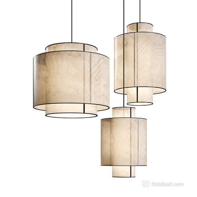 Modern Three Pendant Lights With Cylindrical Fabric Shades For Home Interior Design 3d model 