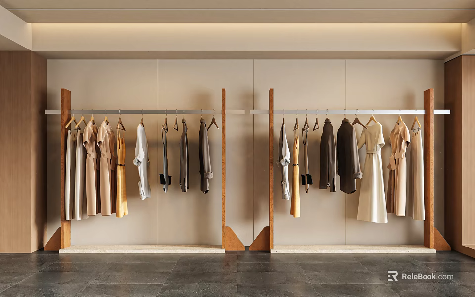 Modern Clothing Store Interior With Wooden Hangers And Hanging Neutral Tones Apparel 3d model 