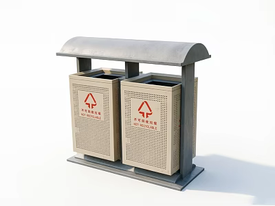 Public Trash Bins With Covered Top Double Recycling Compartments And Symbols 3d model
