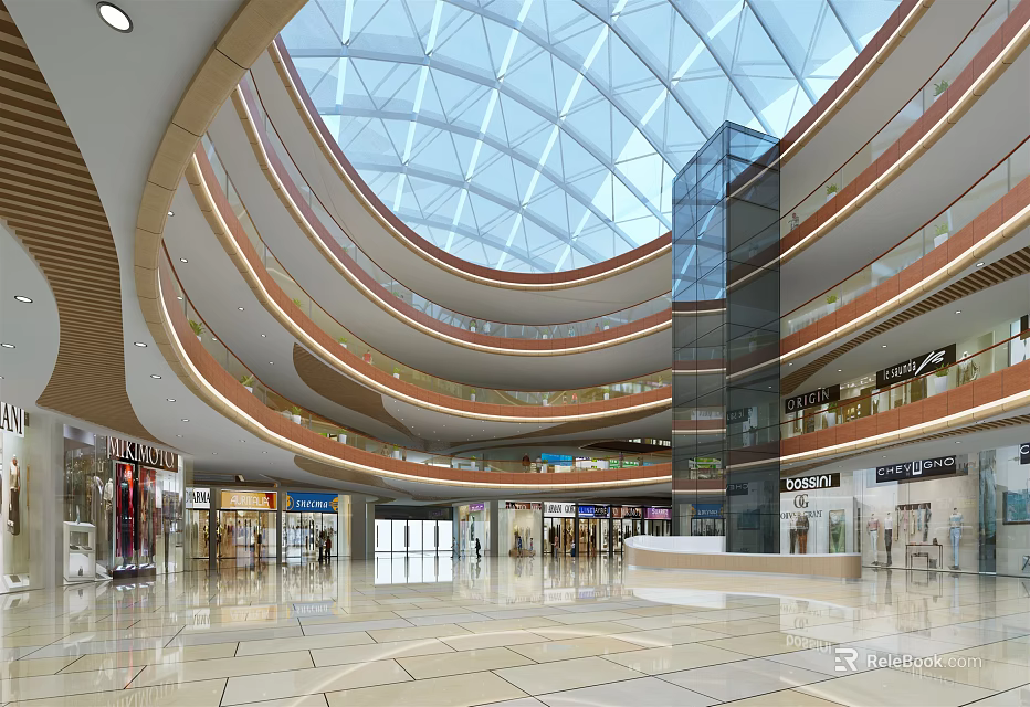 Spacious Shopping Mall Interior With Glass Dome Ceiling And Multi Level Walkways 3d model 