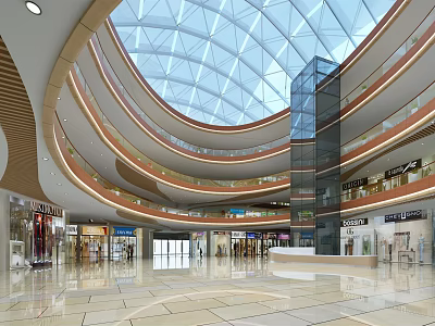 Spacious Shopping Mall Interior With Glass Dome Ceiling And Multi Level Walkways 3d model