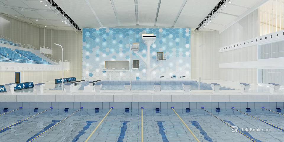 Indoor Swimming Pool With Modern Hexagonal Wall Lanes And Diving Platforms 3d model