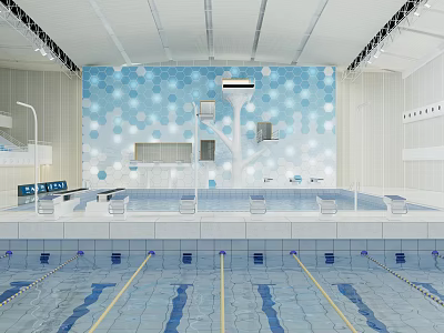 Indoor Swimming Pool With Modern Hexagonal Wall Lanes And Diving Platforms 3d model