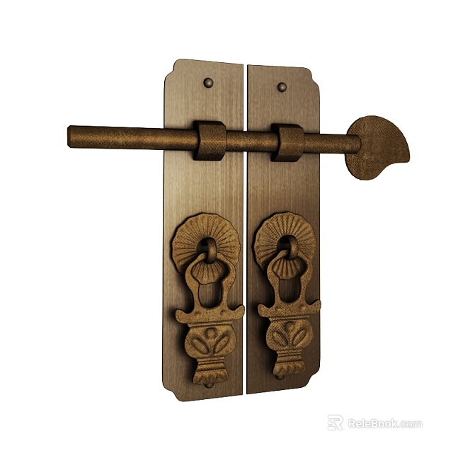 Antique Brass Door Handle With Symmetrical Carved Decorative Design For Traditional Doors 3d model 